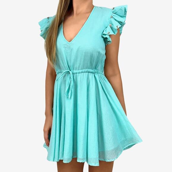 Sundress Viki Mini Dress Size XS/S Aqua Blue Cotton Resort Romantic Flowy Summer - Picture 1 of 14